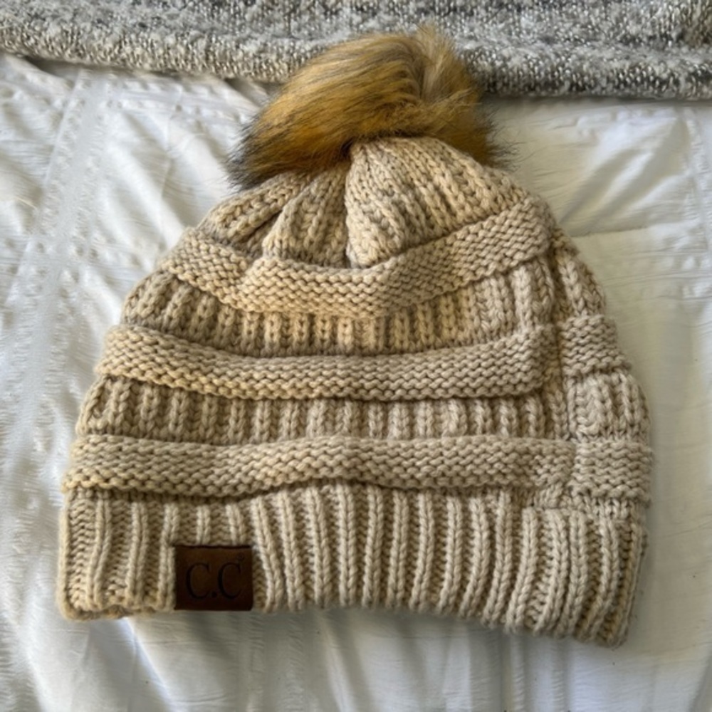C.C Knit Beanie with Puff in Cream